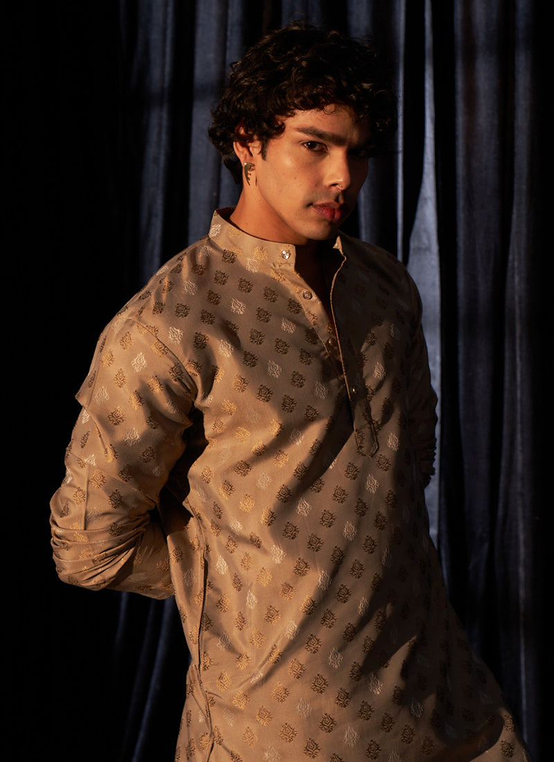 Viscose Light Brown Eid Wear Wevon Designer Readymade Kurta Pajama