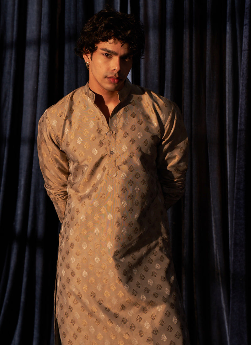 Viscose Light Brown Eid Wear Wevon Designer Readymade Kurta Pajama