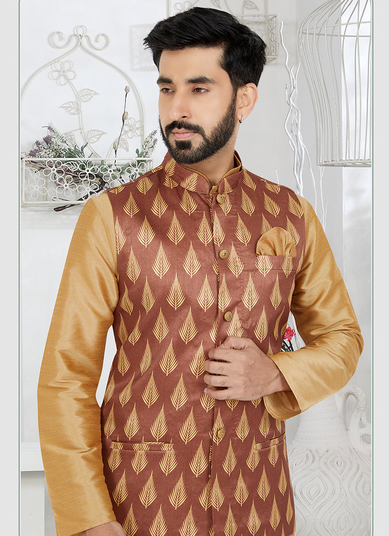 Banarasi Dhupion Light Brown Wedding Wear Banarasi Work Modi Jacket Kurta Pajama