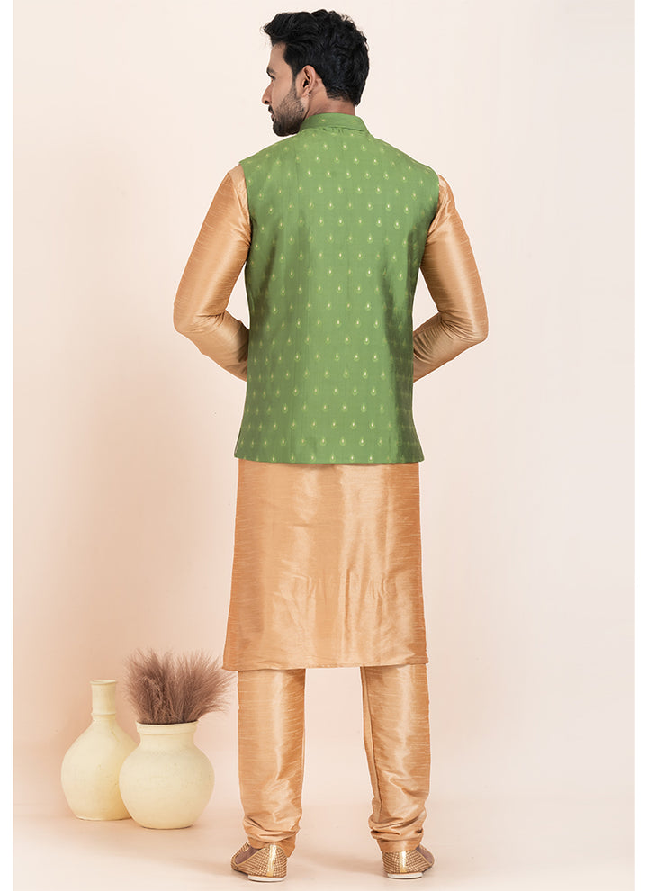 Banarasi Silk Light Green Festival Wear Jacquard Work Readymade Modi Jacket Kurta Pajama