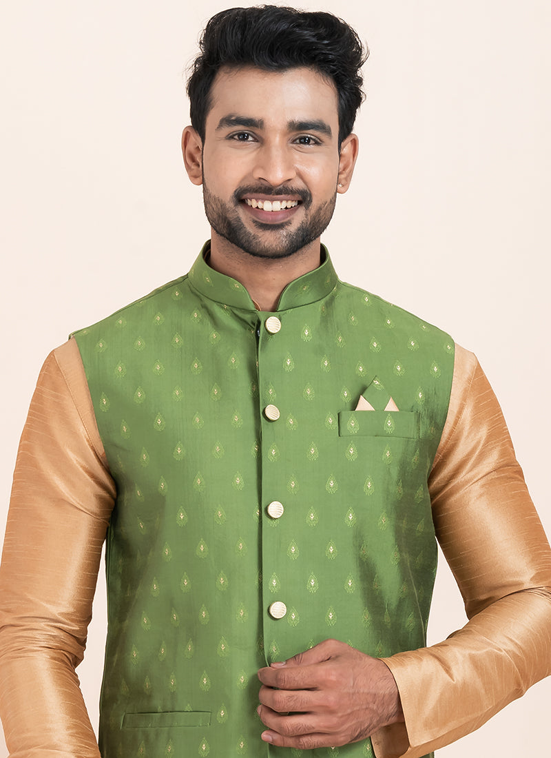 Banarasi Silk Light Green Festival Wear Jacquard Work Readymade Modi Jacket Kurta Pajama