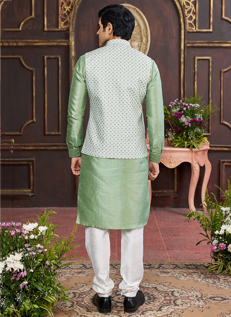Banarasi Silk Light Green Wedding Wear Digital Print Radymade Modi Jacket Kurta Pajama