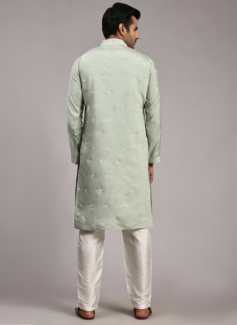 Silk Light Green Festival Wear Weaving  Readymade Kurta Pajama