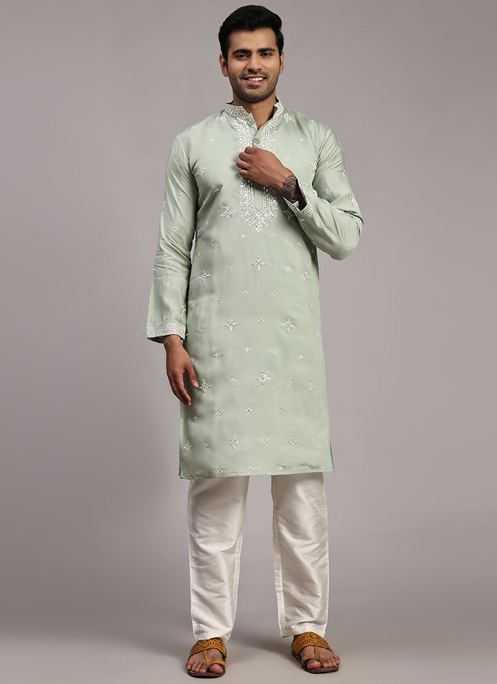 Silk Light Green Festival Wear Weaving  Readymade Kurta Pajama