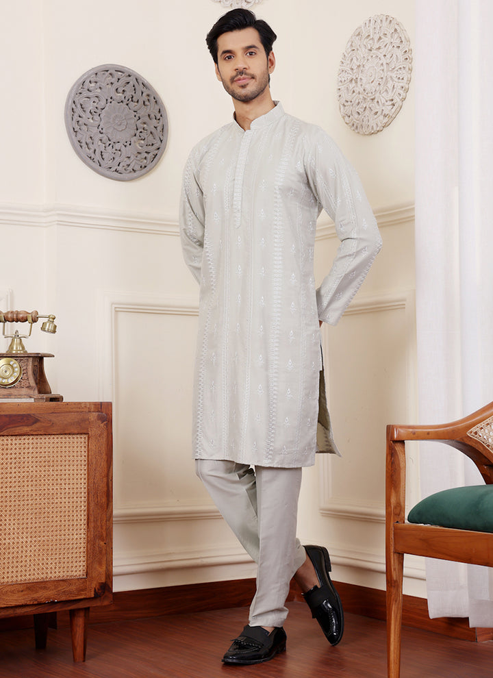 Silk Light Green Traditional Wear Embroidery Work Readymade Kurta Pajama