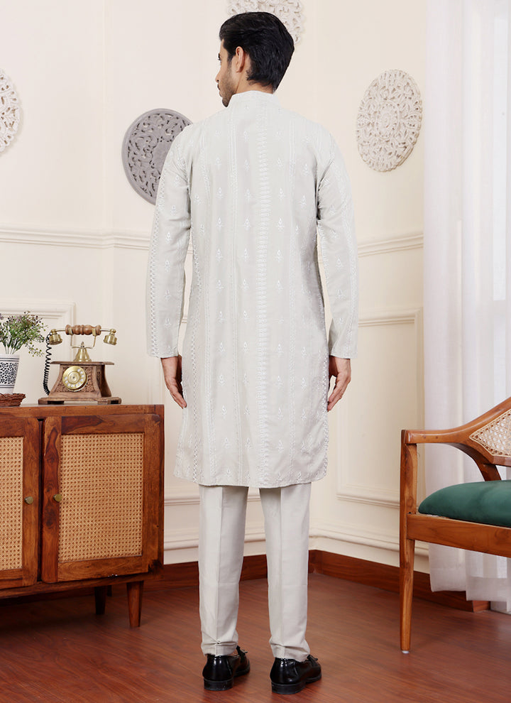 Silk Light Green Traditional Wear Embroidery Work Readymade Kurta Pajama