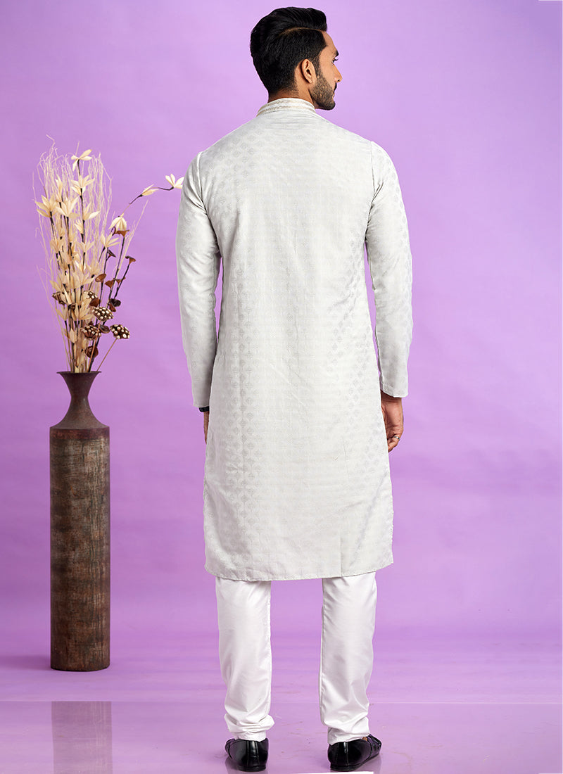 Art Silk Light Grey Festival Wear Jacquard Kurta Pajama