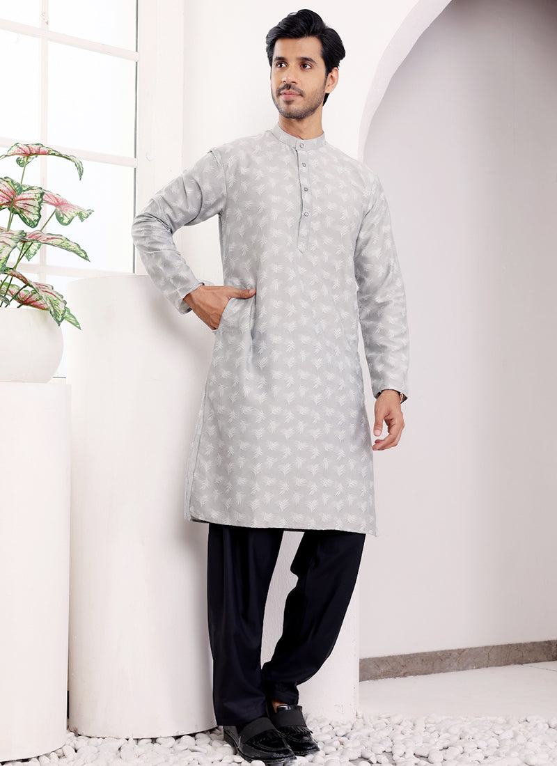 Viscose Light Grey Ceremonial Wear Weaving  Readymade Kurta