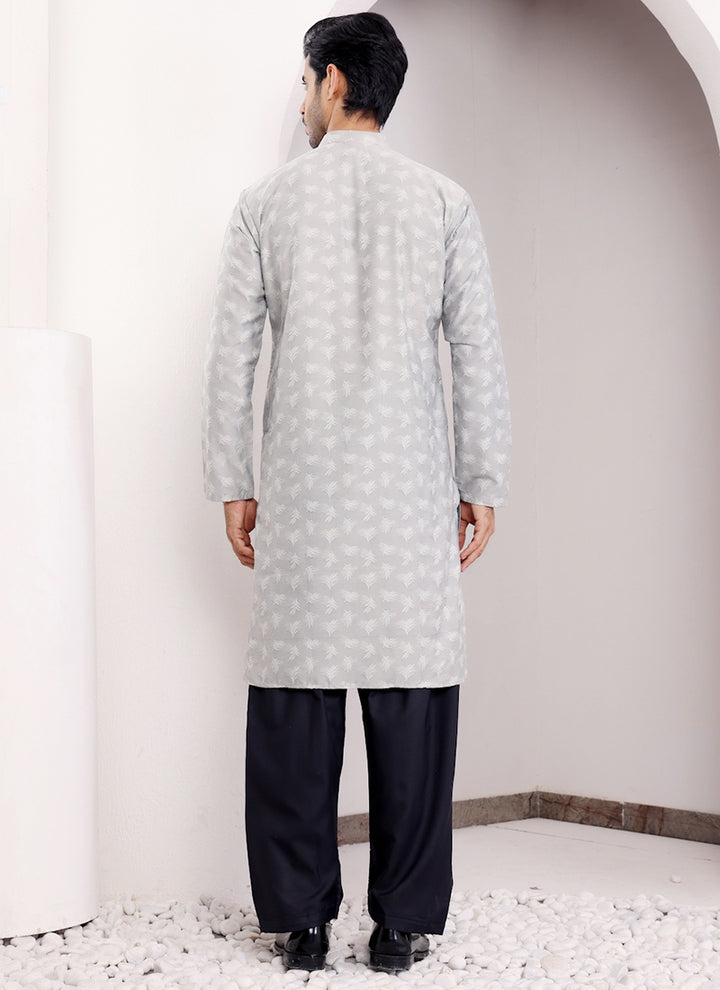 Viscose Light Grey Ceremonial Wear Weaving  Readymade Kurta