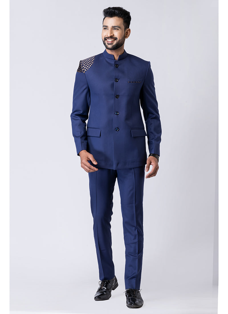 Polyester Tr Light Navy Blue Party Wear Pattern Pc Readymade Jodhpuri Suit