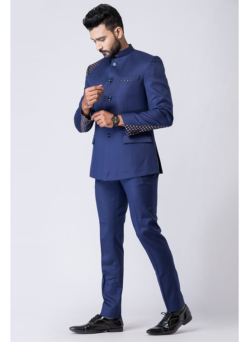 Polyester Tr Light Navy Blue Party Wear Pattern Pc Readymade Jodhpuri Suit