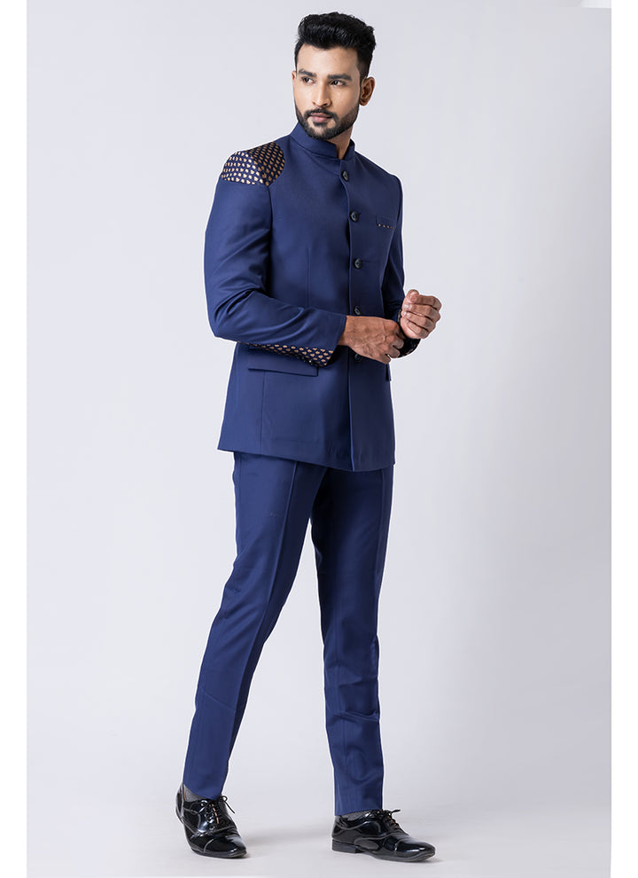 Polyester Tr Light Navy Blue Party Wear Pattern Pc Readymade Jodhpuri Suit