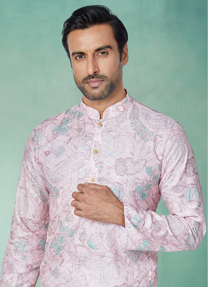 Dhupion Silk Light Pink Festival Wear Printed Readymade Kurta Pajama