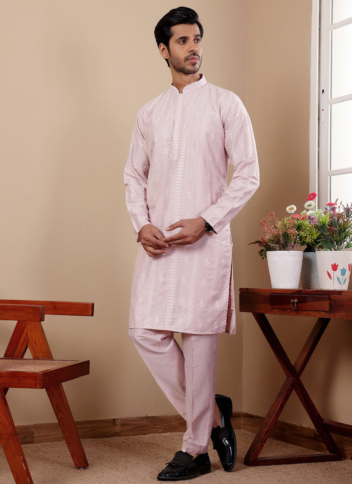 Silk Light Pink Traditional Wear Embroidery Work Readymade Kurta Pajama