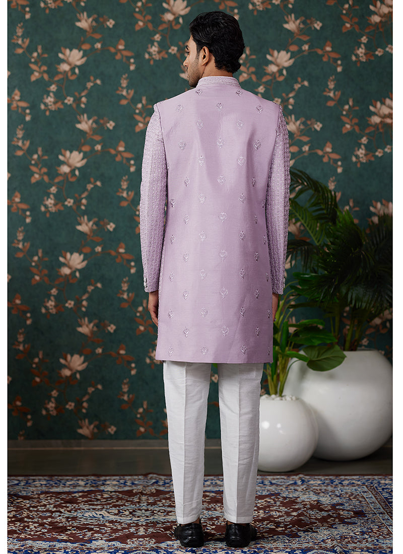 Art Silk Light Purple Groom Wear Thread Work Readymade Sherwani