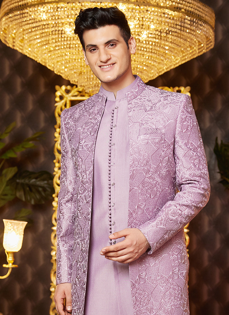 Art Silk Light Purple Wedding Wear Thread Work Readymade Indo Western Sherwani