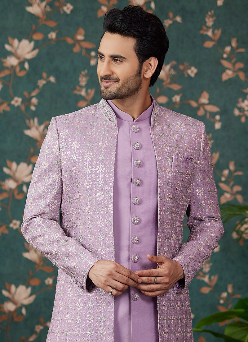 Art Silk Light Purple Wedding Wear Thread Work Readymade Sherwani