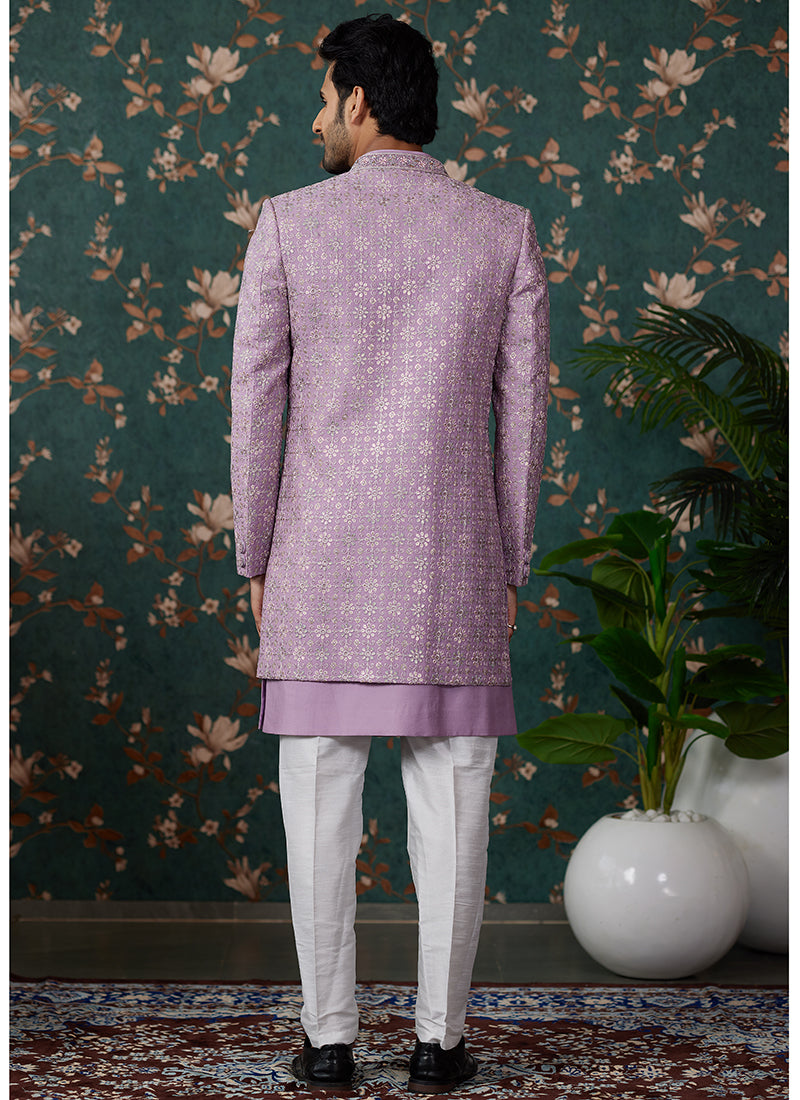 Art Silk Light Purple Wedding Wear Thread Work Readymade Sherwani
