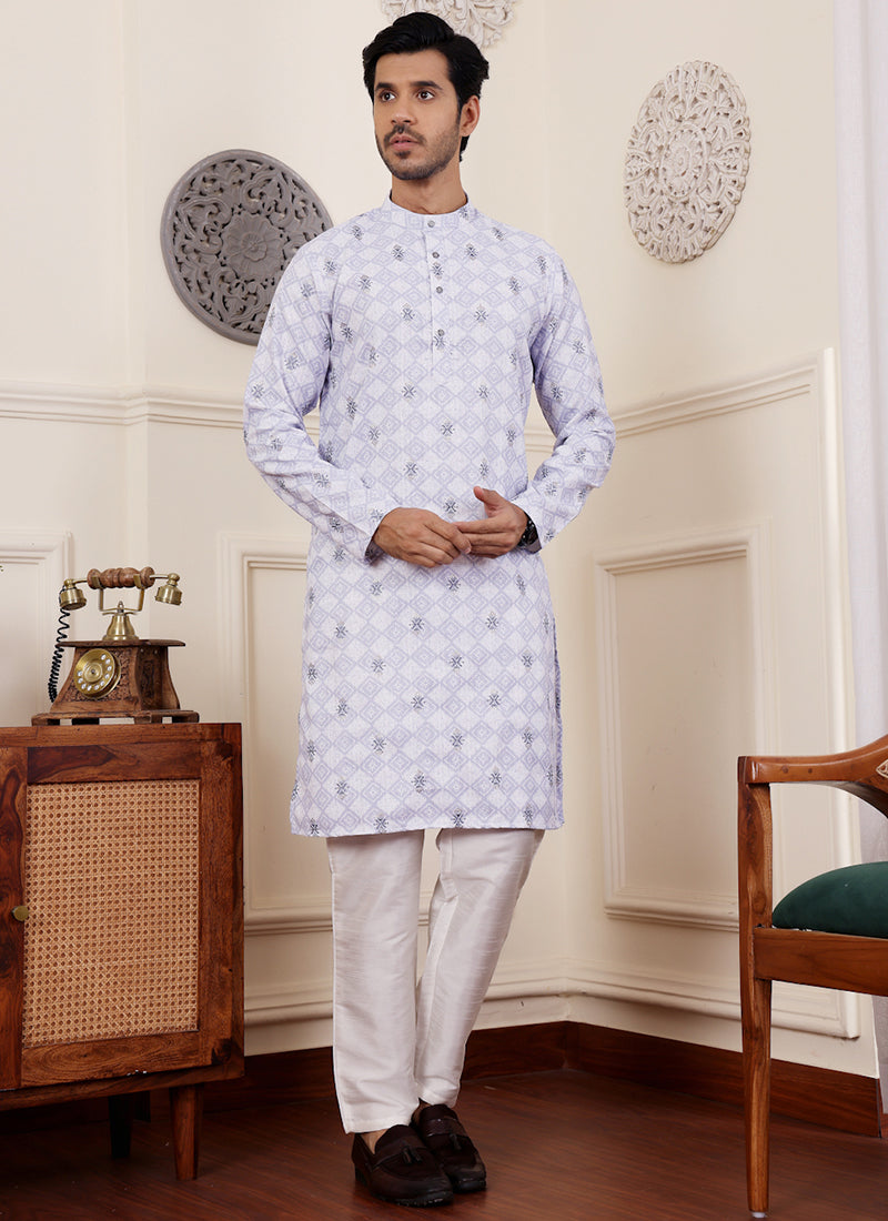Linen Light Purple Traditional Wear Embroidery Work Readymade Kurta Pajama