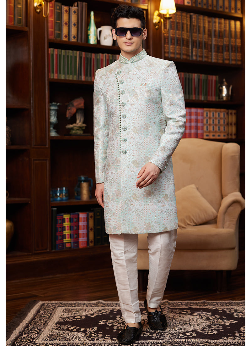 Jacquard Silk Light Sky Blue Wedding Wear Hand Work Readymade Sherwani