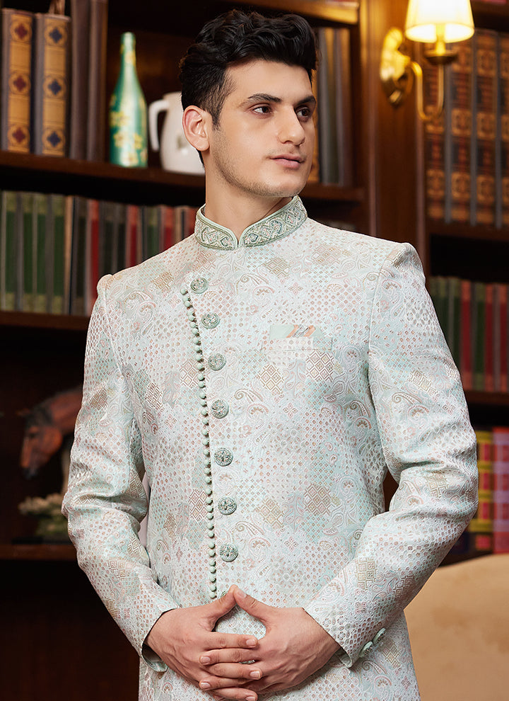 Jacquard Silk Light Sky Blue Wedding Wear Hand Work Readymade Sherwani