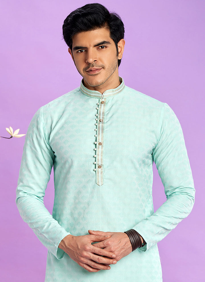 Art Silk Light Teal Green Festival Wear Jacquard Kurta Pajama