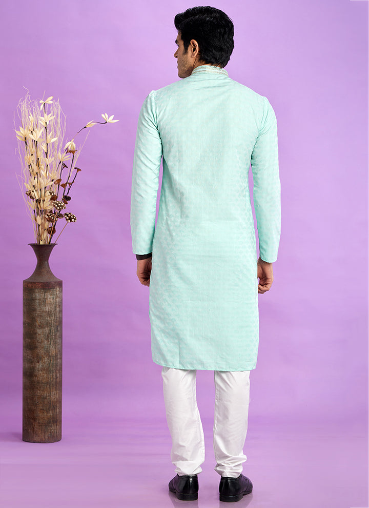 Art Silk Light Teal Green Festival Wear Jacquard Kurta Pajama