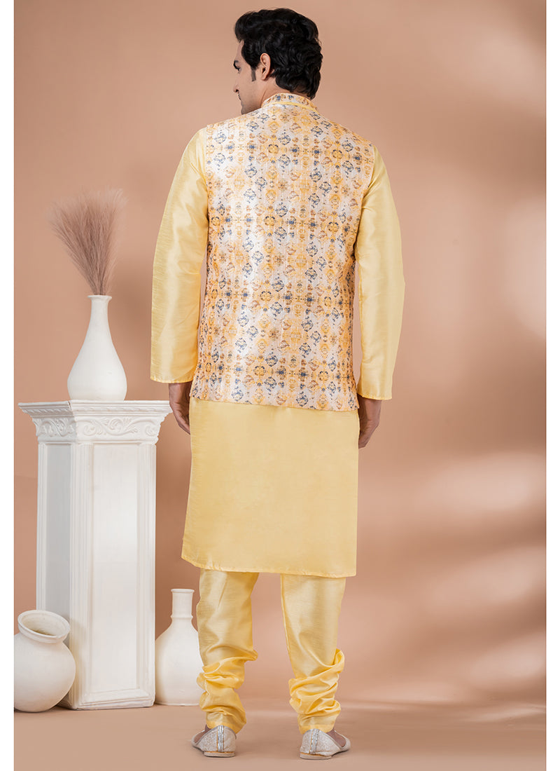 Silk Light Yellow Traditional Wear Corset Work Readymade Modi Jacket Kurta Pajama