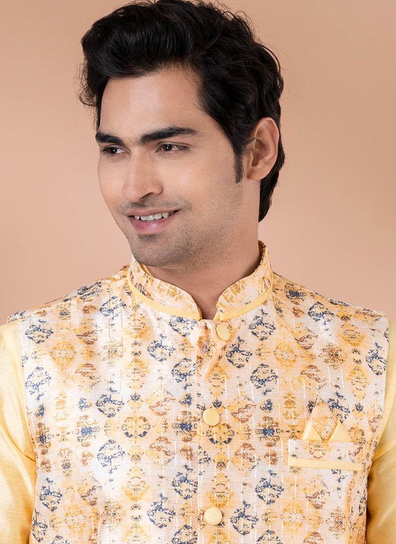 Silk Light Yellow Traditional Wear Corset Work Readymade Modi Jacket Kurta Pajama