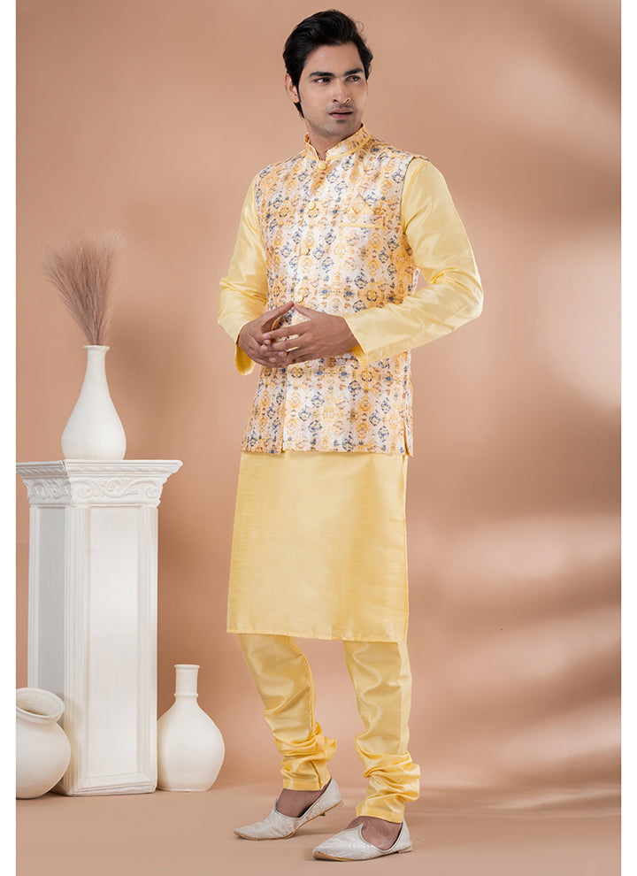 Silk Light Yellow Traditional Wear Corset Work Readymade Modi Jacket Kurta Pajama