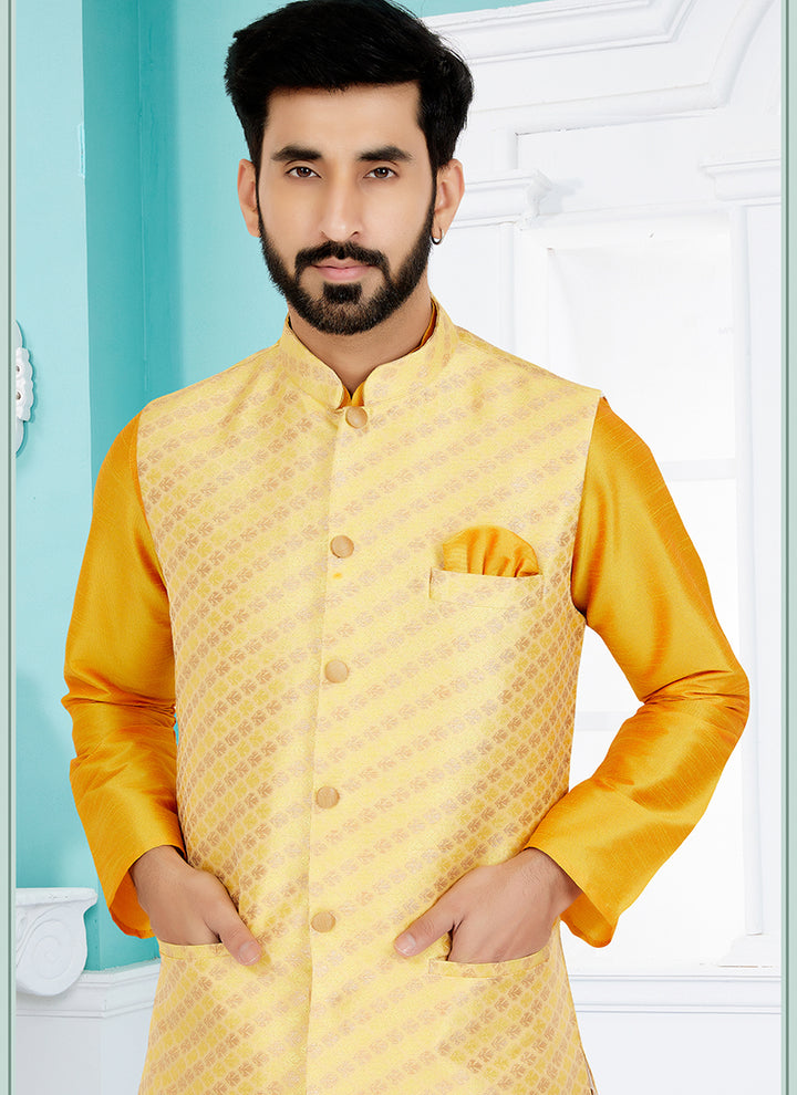 Banarasi Dhupion Light Yellow Wedding Wear Banarasi Work Mens Waist Coat