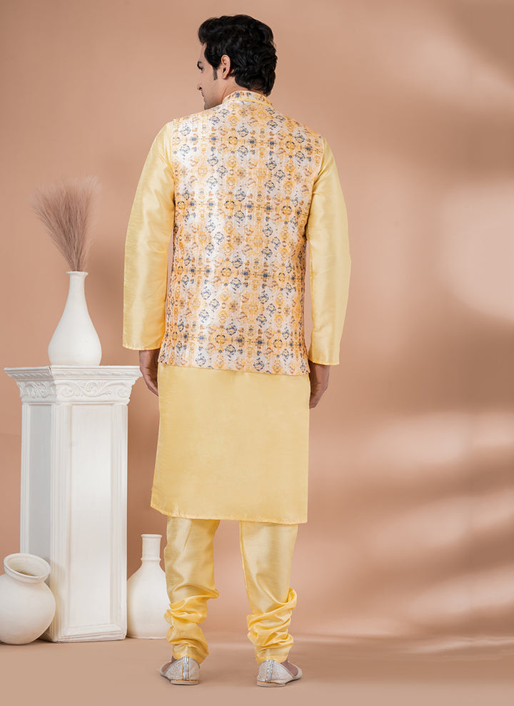 Silk Light Yellow Wedding Wear Embroidery Work Readymade Modi Jacket Kurta Pajama