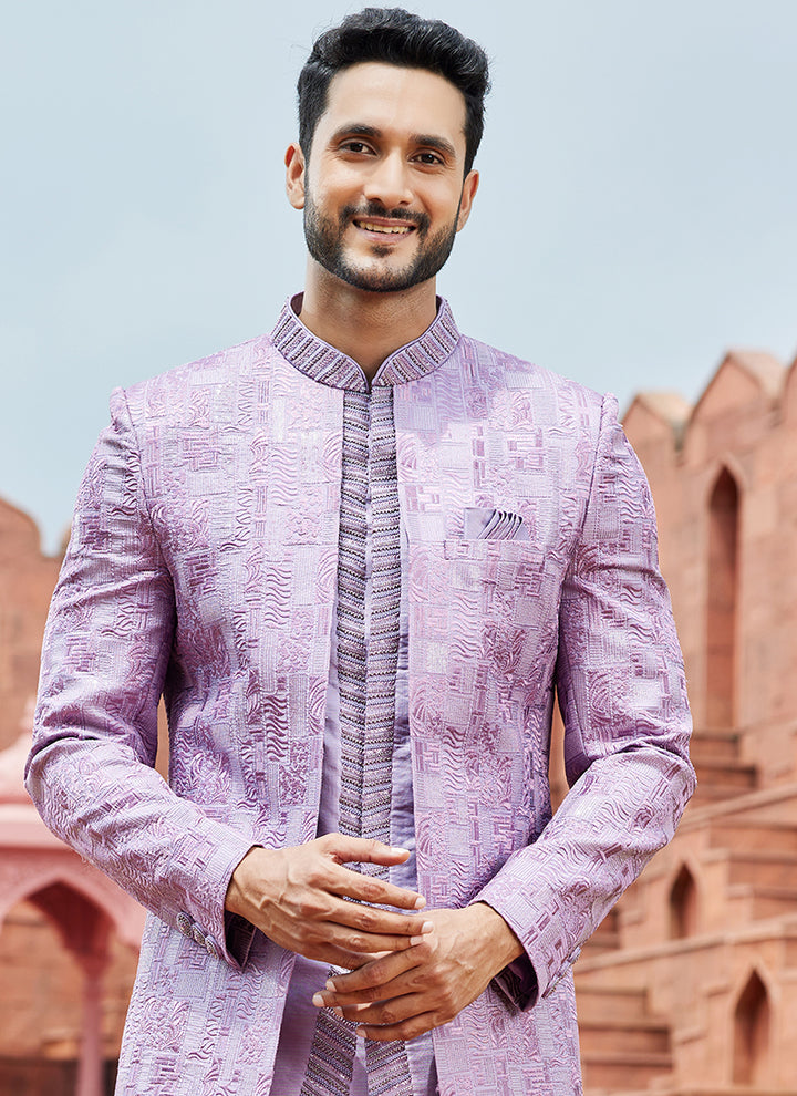 Lilac Art Silk Wedding Wear Embroidery Work 3 Pcs Jacket Set