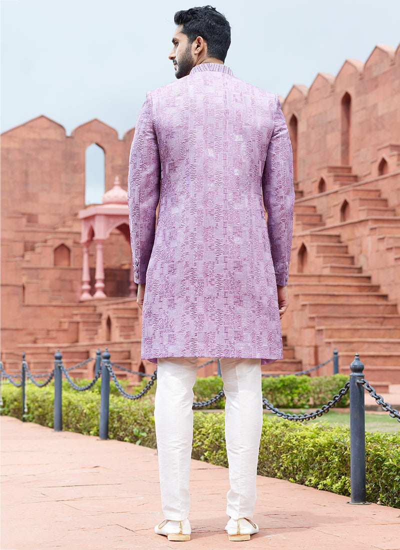 Lilac Art Silk Wedding Wear Embroidery Work 3 Pcs Jacket Set