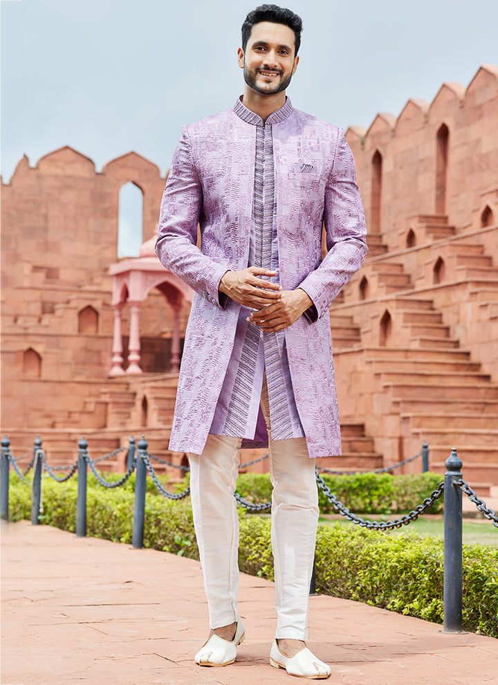 Lilac Art Silk Wedding Wear Embroidery Work 3 Pcs Jacket Set