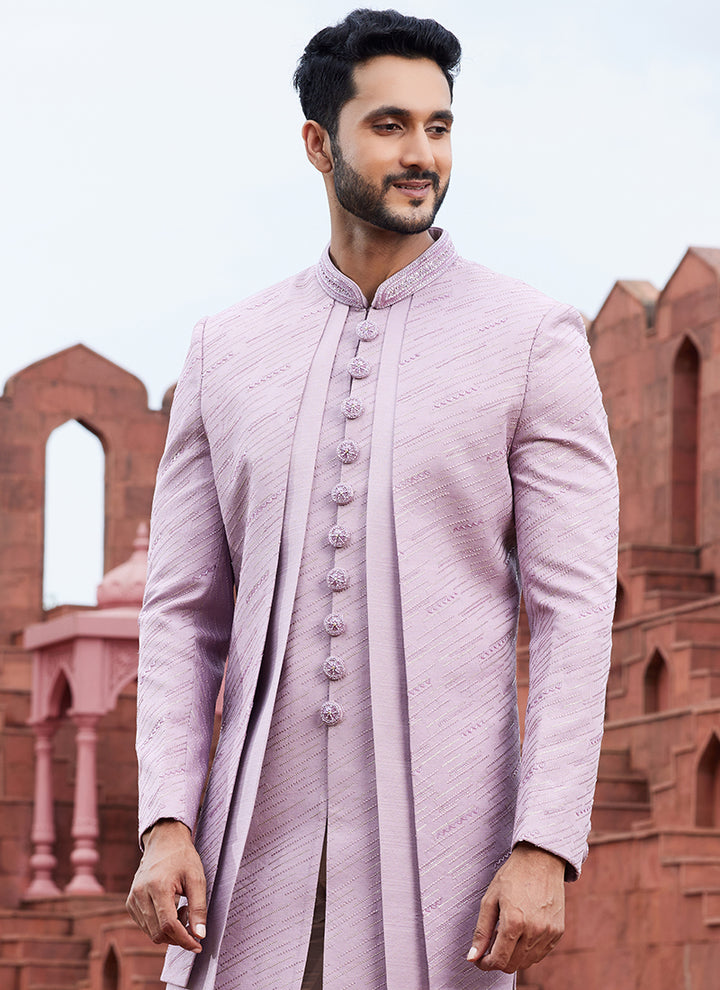 Lilac Art Silk Wedding Wear Embroidery Work 4 Pcs Jacket Set