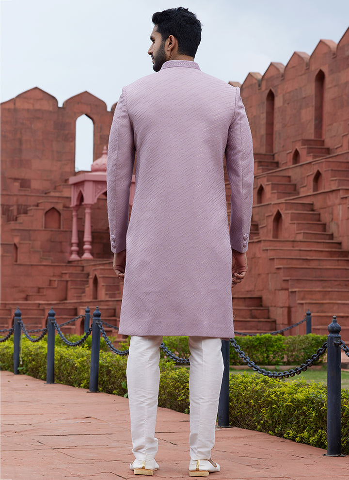 Lilac Art Silk Wedding Wear Embroidery Work 4 Pcs Jacket Set