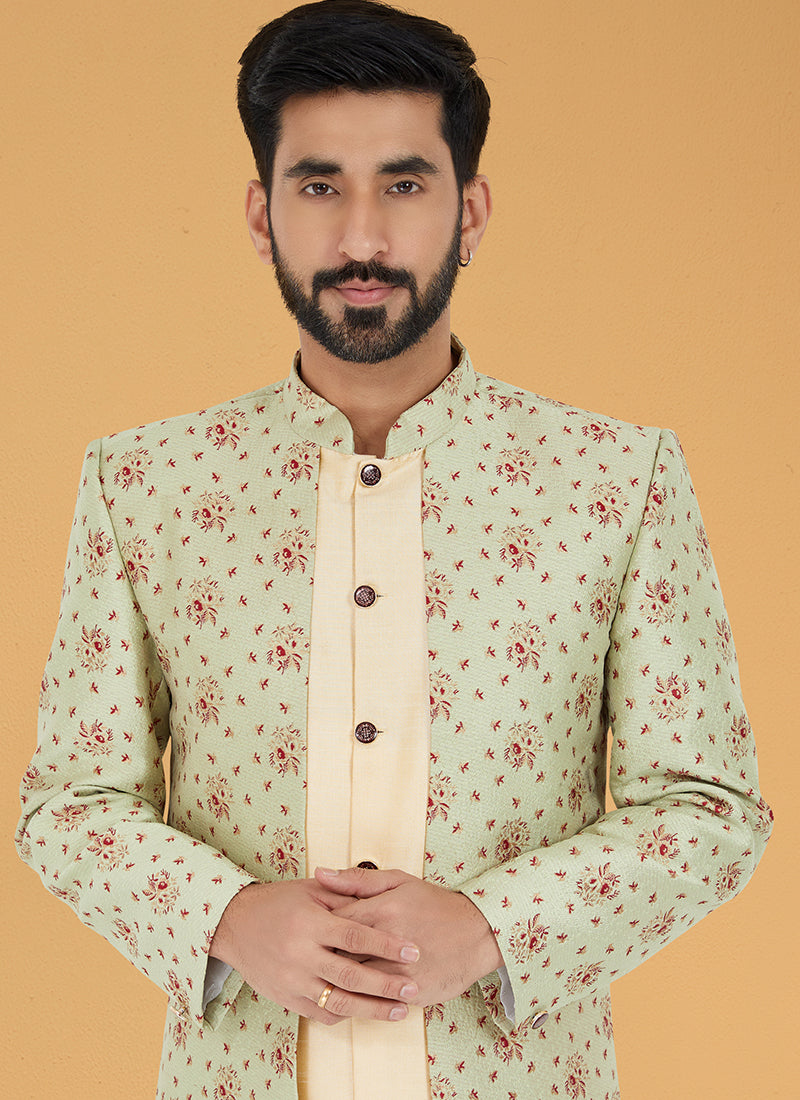 Lime Green Gold Jacquard Silk Banarasi Dhupion Wedding Wear Embroidery Work Mens Indo Western