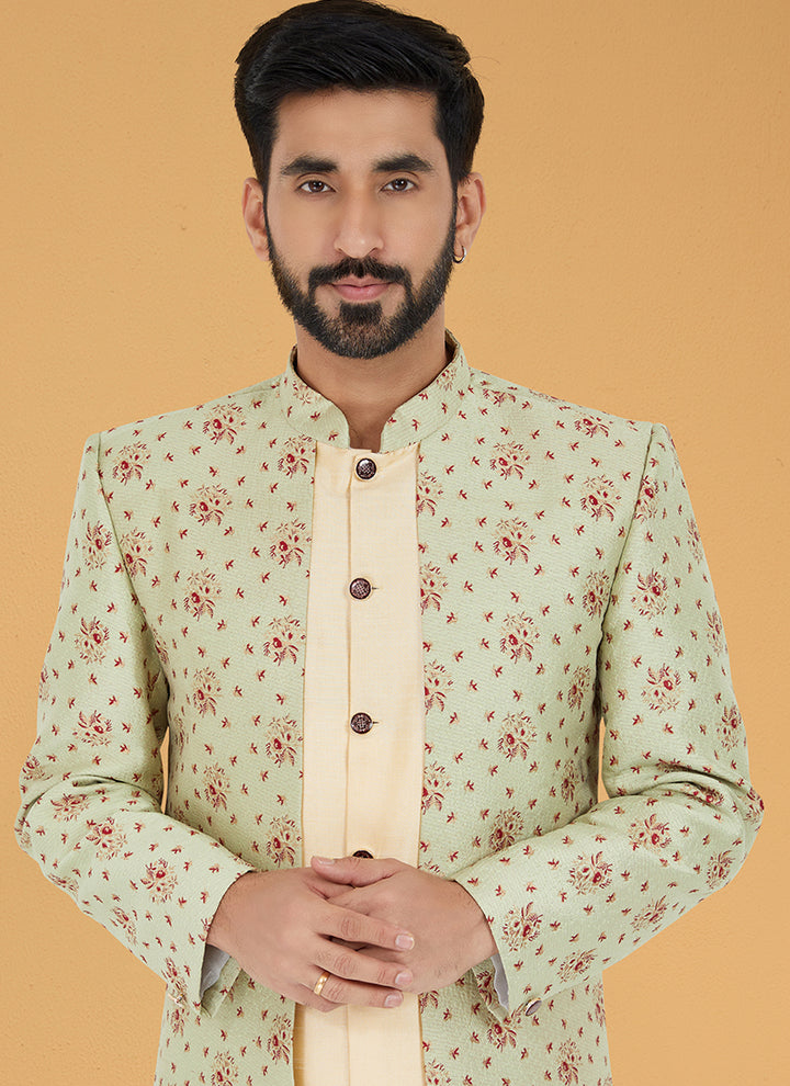 Lime Green Gold Jacquard Silk Banarasi Dhupion Wedding Wear Embroidery Work Mens Indo Western