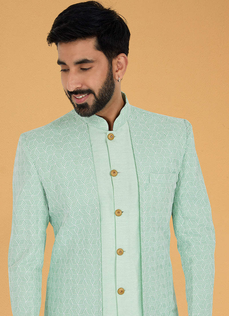 Lime Green Silk Banarasi Dhupion Wedding Wear Embroidery Work Mens Indo Western