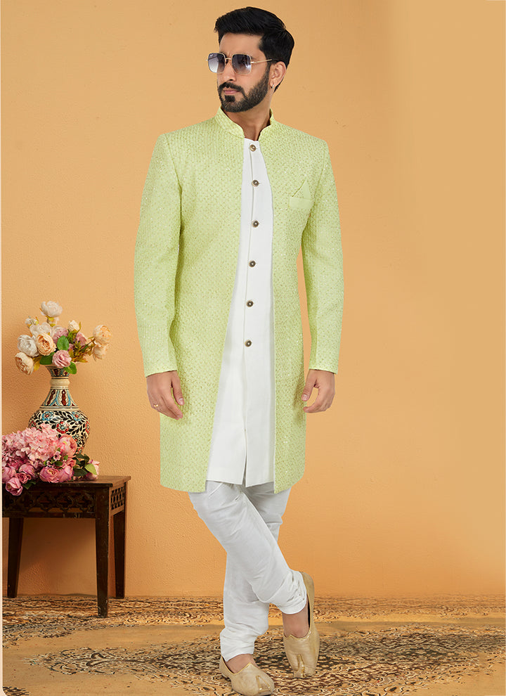Lime Green White Georgette,Banarasi Dhupion Wedding Wear Embroidery Work Mens Indo Western