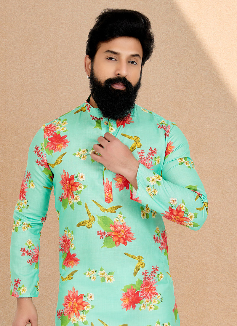 Dhupion Silk Lime Green Festival Wear Printed Readymade Kurta Pajama