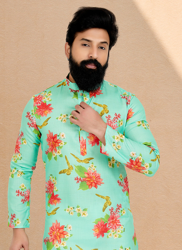Dhupion Silk Lime Green Festival Wear Printed Readymade Kurta Pajama