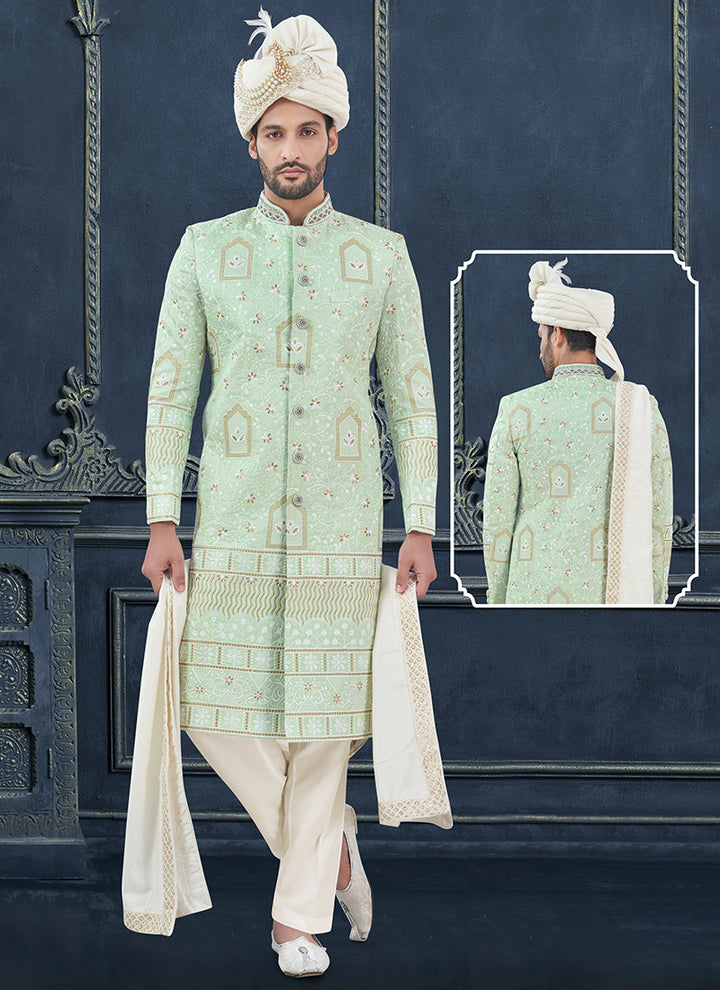 Silk Lime Green Groom Wear Hand Work Readymade Sherwani With Turban