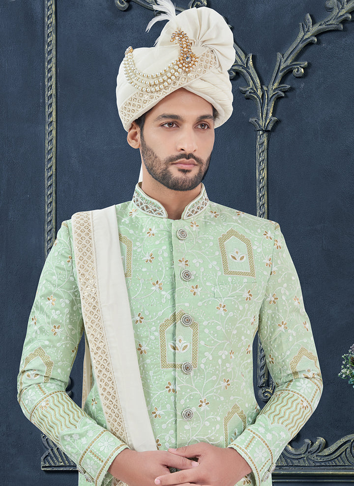 Silk Lime Green Groom Wear Hand Work Readymade Sherwani With Turban