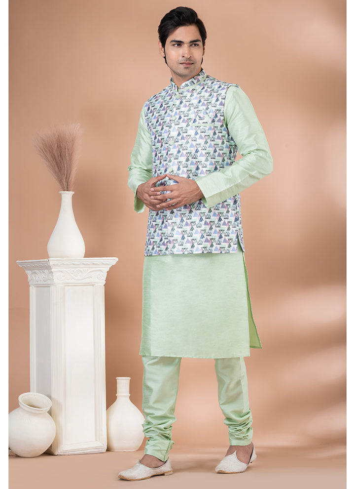 Silk Lime Green Traditional Wear Corset Work Readymade Modi Jacket Kurta Pajama