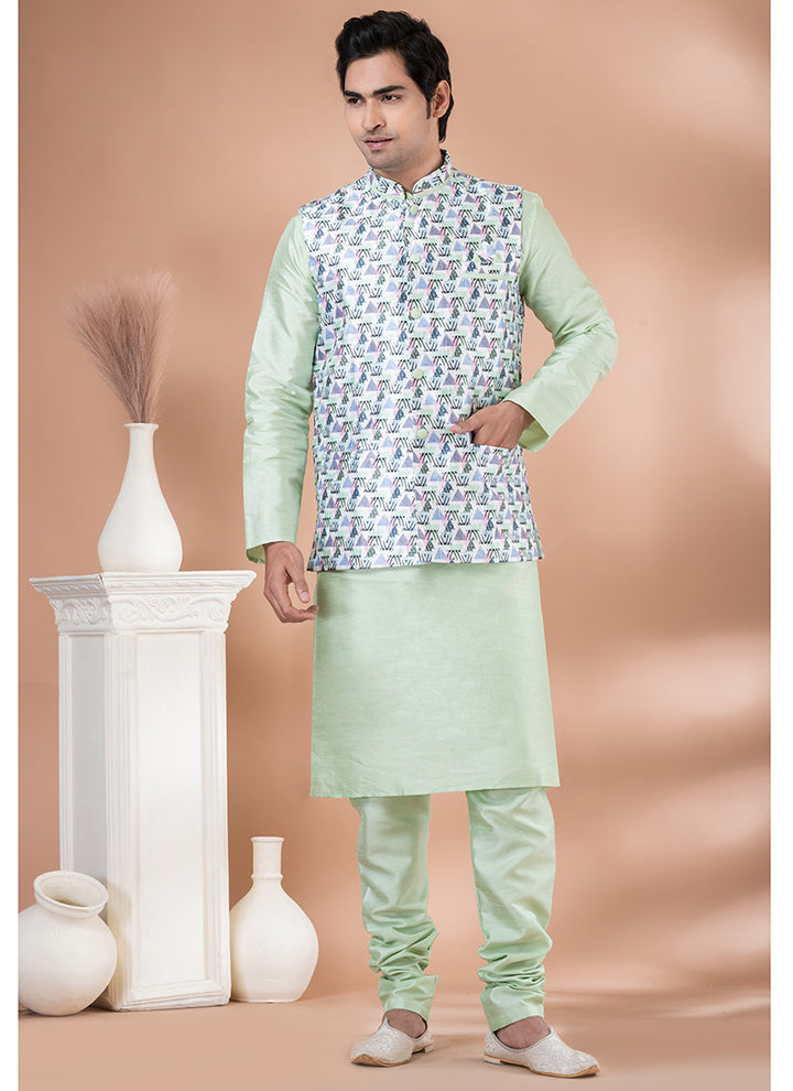 Silk Lime Green Traditional Wear Corset Work Readymade Modi Jacket Kurta Pajama