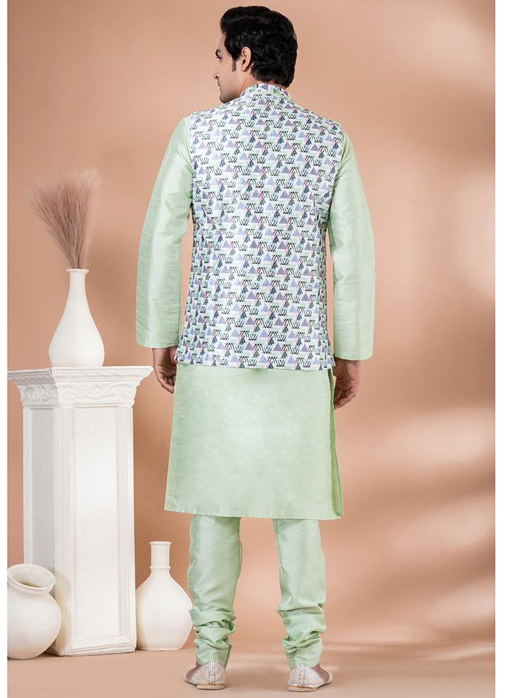 Silk Lime Green Traditional Wear Corset Work Readymade Modi Jacket Kurta Pajama