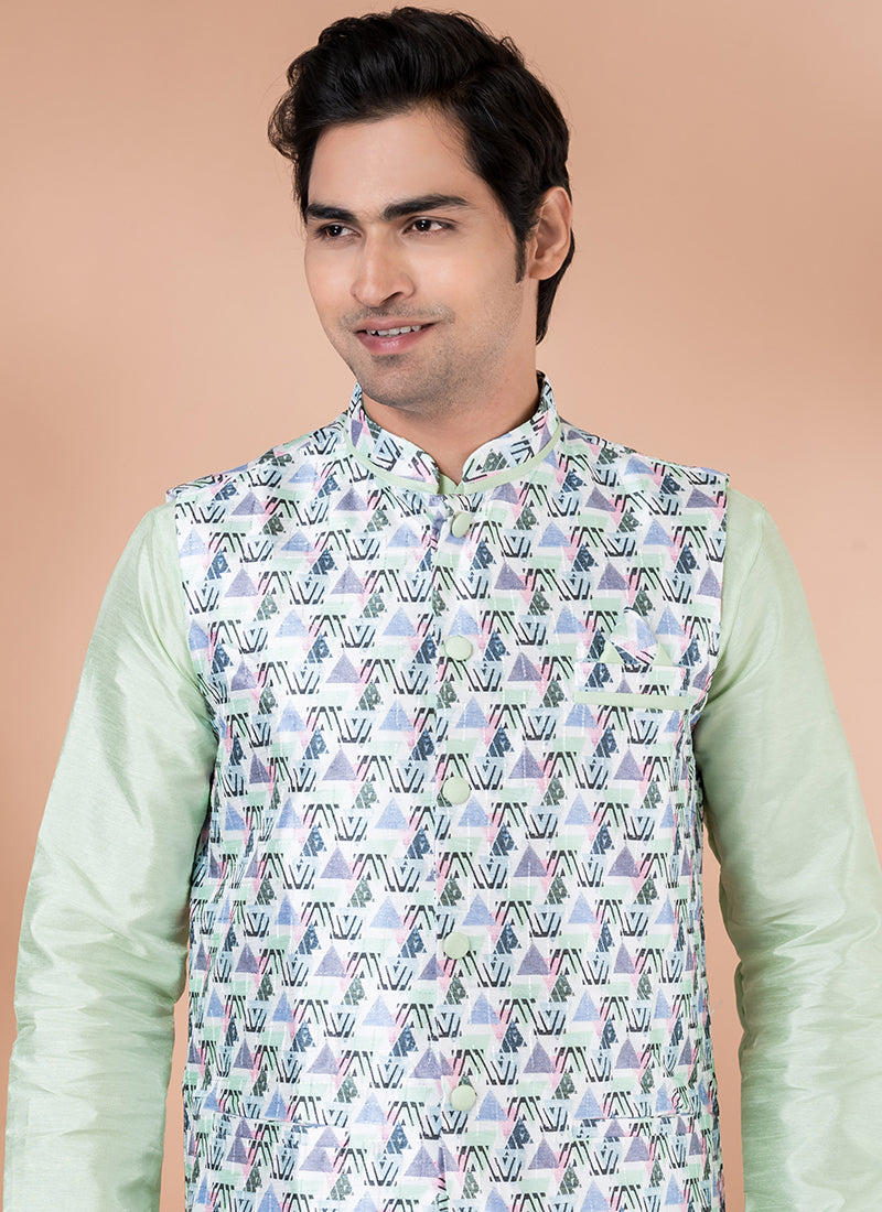 Silk Lime Green Traditional Wear Corset Work Readymade Modi Jacket Kurta Pajama