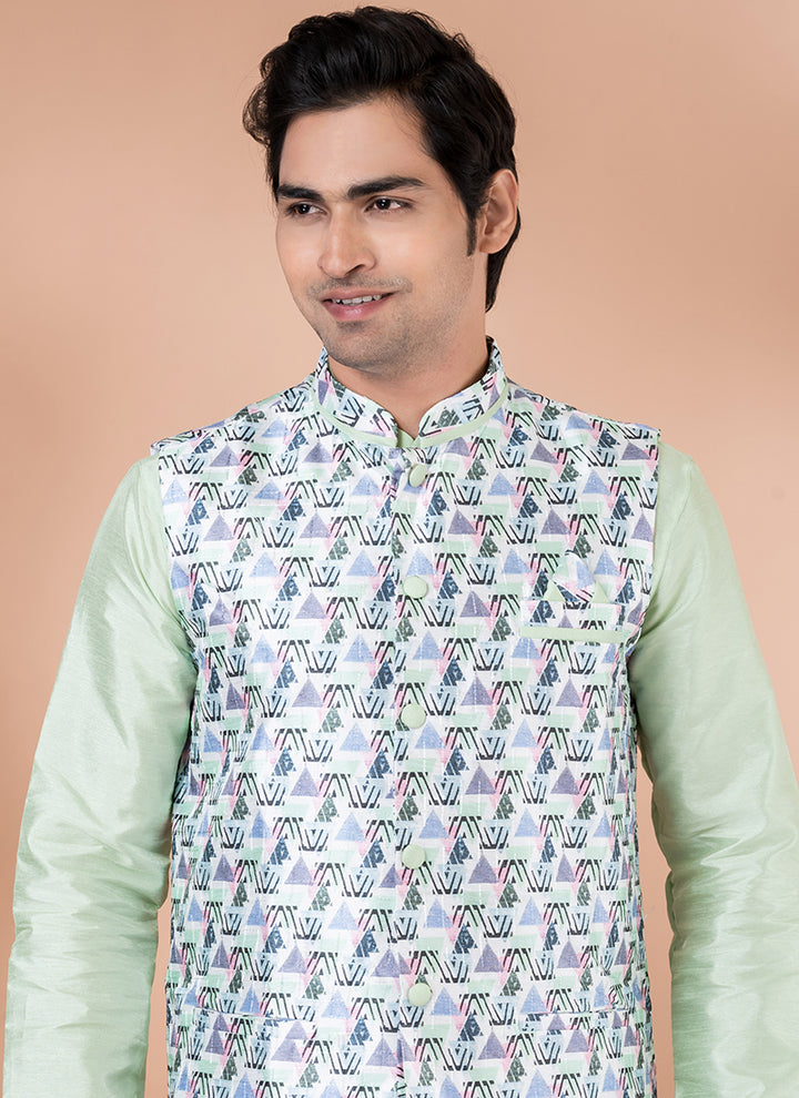 Silk Lime Green Traditional Wear Corset Work Readymade Modi Jacket Kurta Pajama